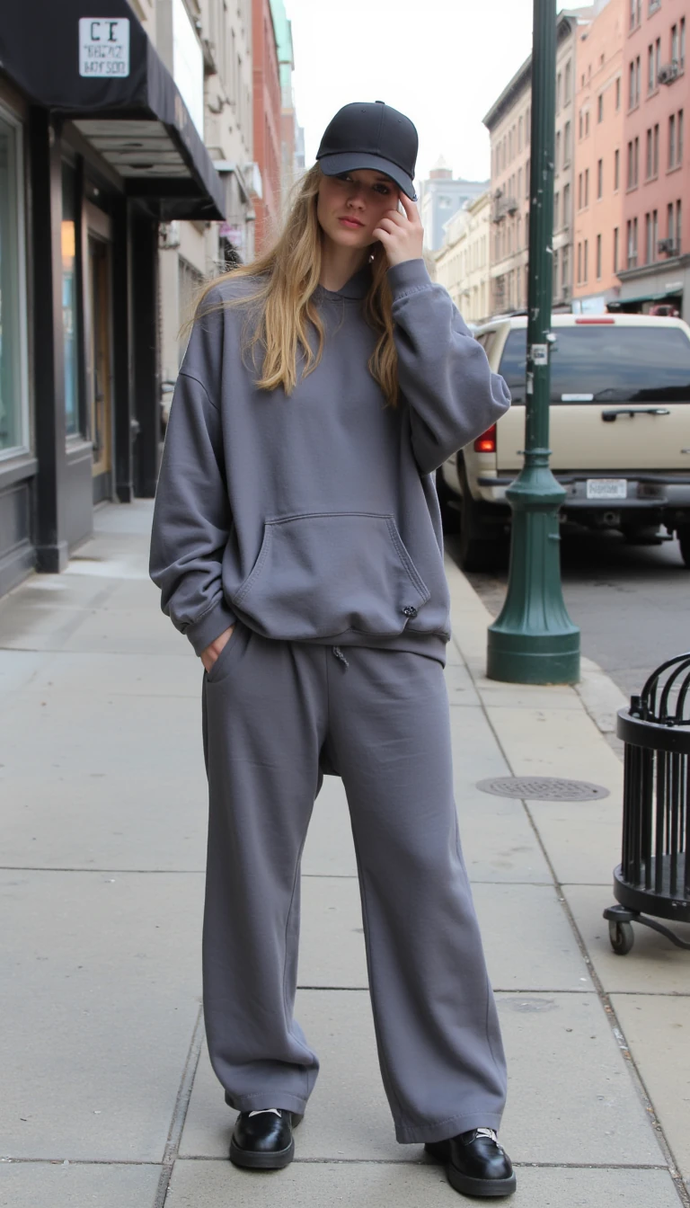 picture of Blondiva in a fashionable grey baggy outfit posing for the picture in the streets of new york city. she is wearing a black cap which she is pulling down to cover her face