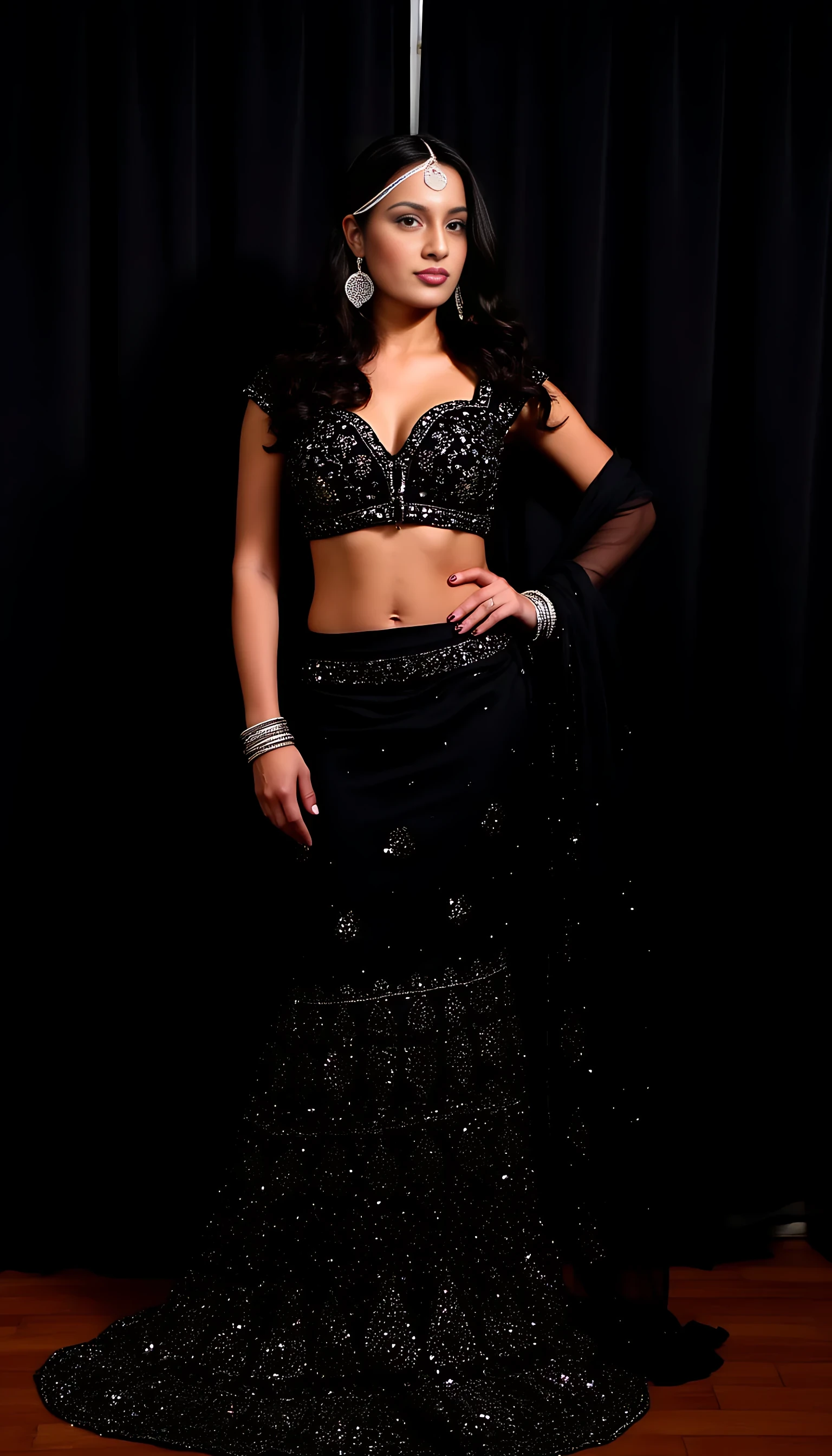 A woman stands elegantly in a richly embroidered, black, two-piece traditional outfit, adorned with sparkling sequins. The ensemble features a deep V-neck top and a flowing skirt, with intricate beadwork. Her long, dark wavy hair cascades gracefully, and she wears statement jewelry including earrings, a headpiece, and bangles. The backdrop consists of dark drapes, highlighting her striking presence. Her pose is poised and confident, exuding a sense of grace and sophistication.