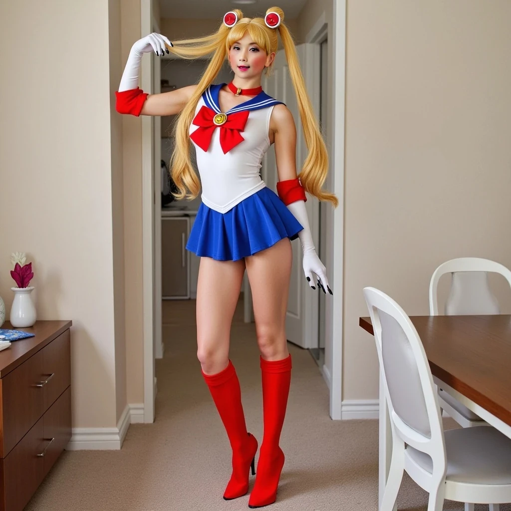 Tall long legs and big boobs and skinny body cosplaying as sailor moon