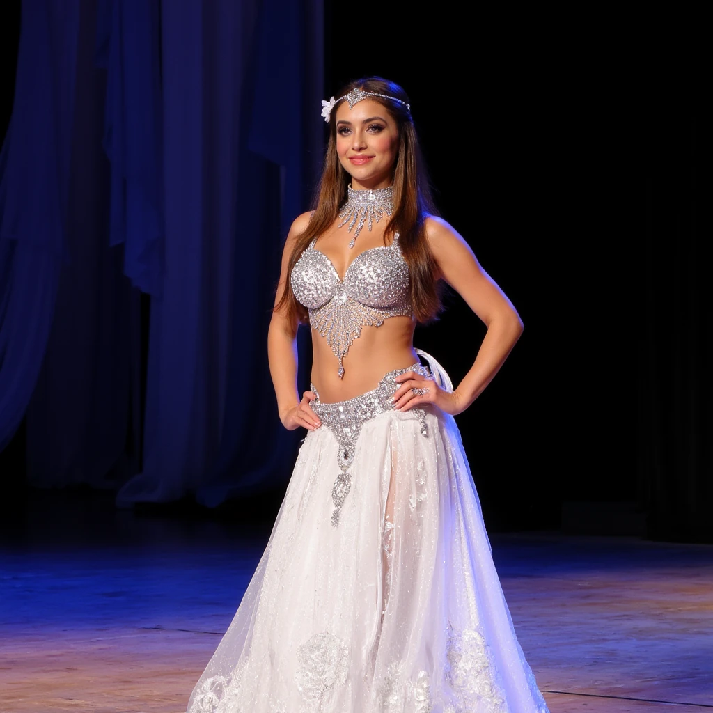 create an ultra-realistic full body image  of a 19 year old Serbian woman. she is tan. She stands at 5'9", embodying the epitome of allure and charm with her sharp Slavic facial features. Her captivating blue eyes and long, brown hair enhance her mesmerizing presence. she is in dressed in a white and silver middle eastern belly dance costume for belly dance performance. her belly dance skirt is long, mesh, and sparkly and her top is covered in diamonds.she is on a stage performing for many people. Her expression is one of happiness. Focus on extreme realism, especially in her facial details. her hair is almost to her waist in length. her eyes are extremely realistic and she is looking directly in the camera. 