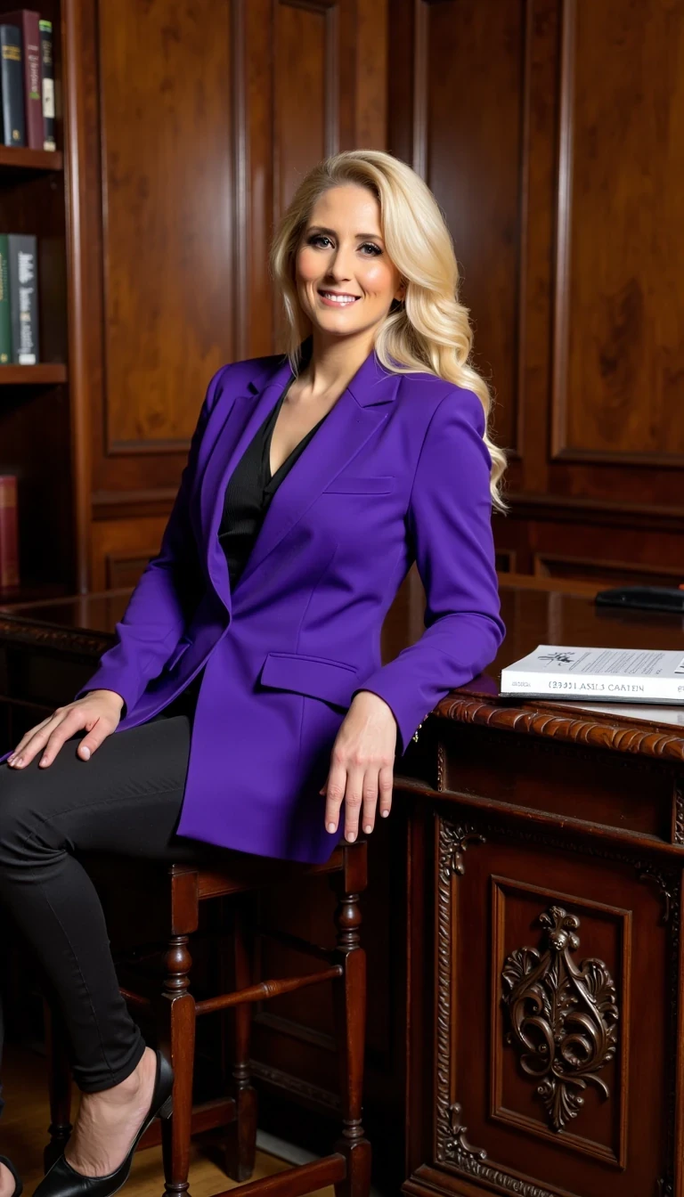 iphone portrait of CSTMDL blonde woman  
Wearing a high fashion royal purple blazer, very bold, sitting on the corner of an executive elaborate wooden desk  hands hidden