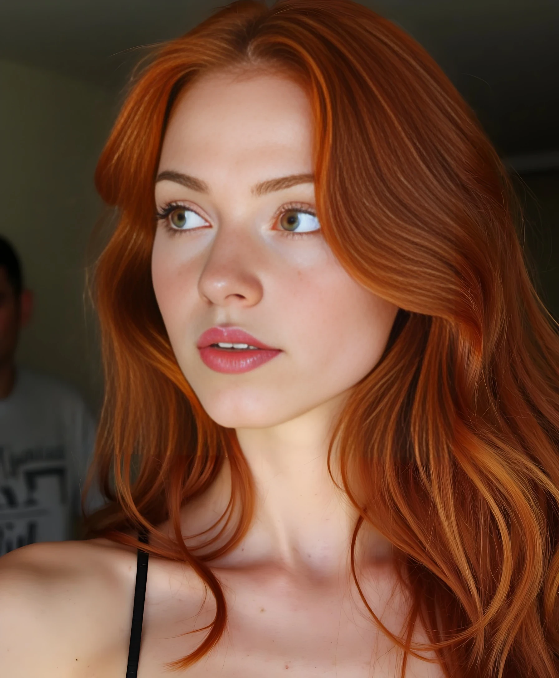 boring low quality snapchat photo circa 2015, photo of a breathtaking 26-year-old woman with long wavy deep red hair cascading down her back and over one shoulder. her porcelain skin is lightly dotted with natural freckles, especially across her chest and collarbones. she has striking emerald green eyes, full glossy lips, a delicate nose, soft cheekbones, and a symmetrical face with a gentle jawline. she is tilting her chin up and looking downward with a knowing gaze. this pose highlights the underside of her jawline and creates natural shadows beneath her lips and nose. her eyes are half-lidded and confident, glowing with soft reflected light.
