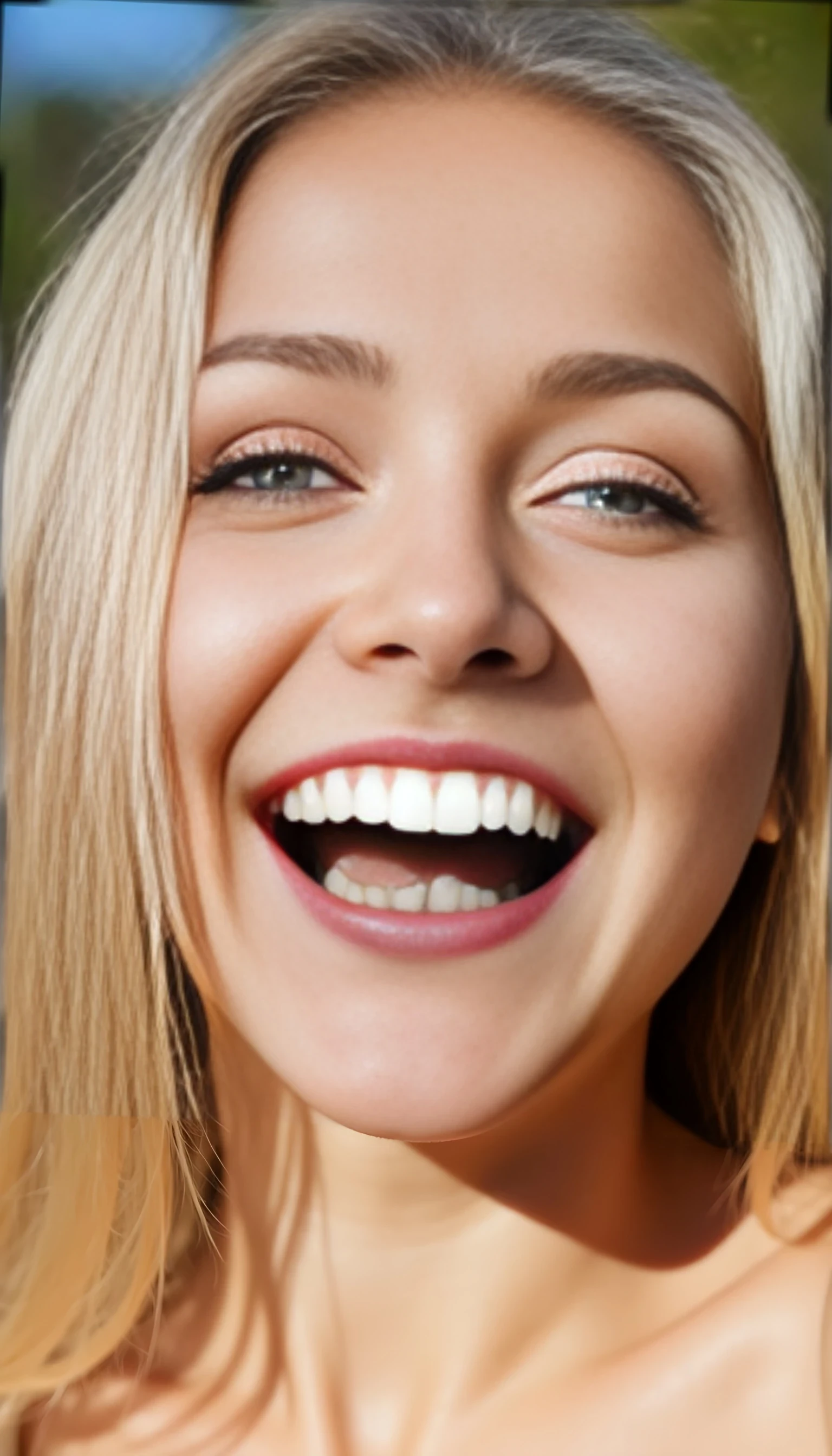 A natural close-up selfie as she laughs, caught mid-blink, with her platinum hair flowing slightly in the breeze. Her cheeks are flushed with warm sunlight and her expression is open, carefree, and joyful.