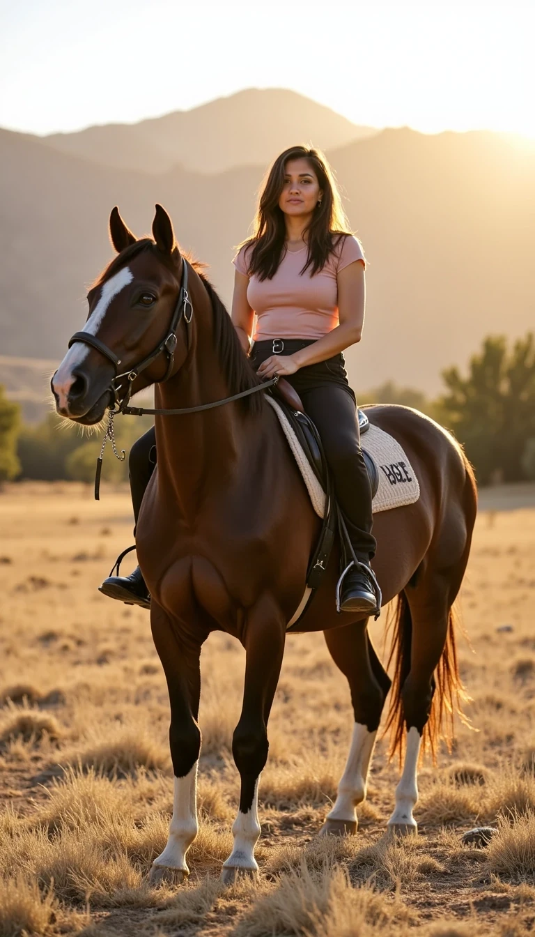 IMG_1589.HEIC  
CSTMDL woman horseback riding at golden hour on a bold dark-bay horse with a white blaze, in a dry grassy field with soft foothills in the background (Denver vibe). Friend-taken, candid iPhone-style portrait: camera ~6–8 feet back, 3/4 frontal view showing her from head to mid-thigh plus the horse’s head and shoulders. 

--no studio lighting, no airbrushed/plastic skin, no warped tack, no deformed horse anatomy, no extra limbs/fingers, no text/watermark  
