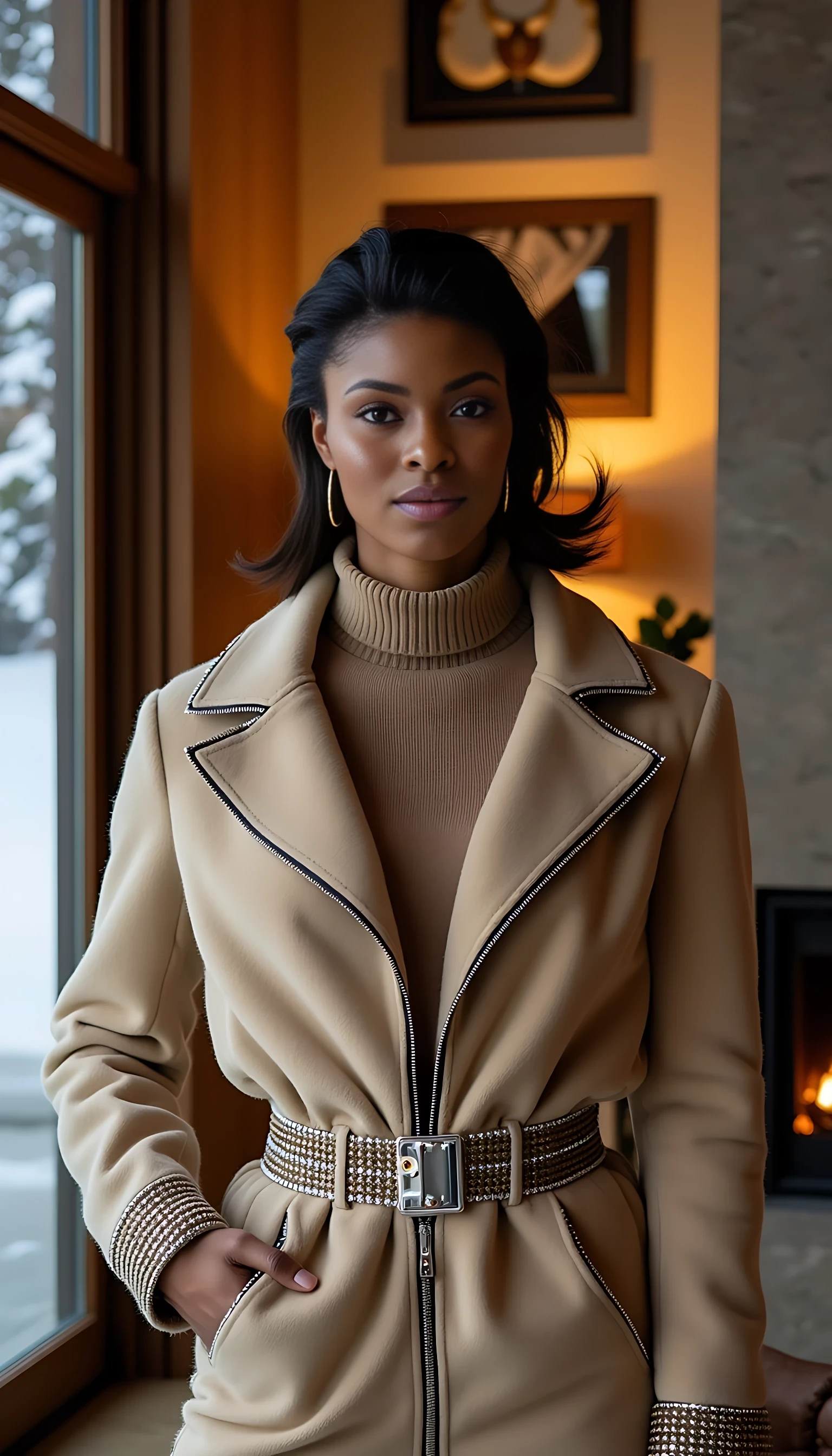 Apres-Ski Luxe
Shot on Sony A1, 50mm f/1.2 GM, ISO 200, 1/1000 sec. Full body shot in luxury chalet interior. Model in Chanel crystal-embellished ski suit, unzipped to reveal cashmere turtleneck. Light olive brown skin glowing from fireplace light (motivated key light at f/8), large windows providing cold fill from snow reflection. Natural skin texture enhanced by interior warmth, showing subtle dewiness. Background: modernist fireplace, floor-to-ceiling windows revealing snowfall. CSTMDL