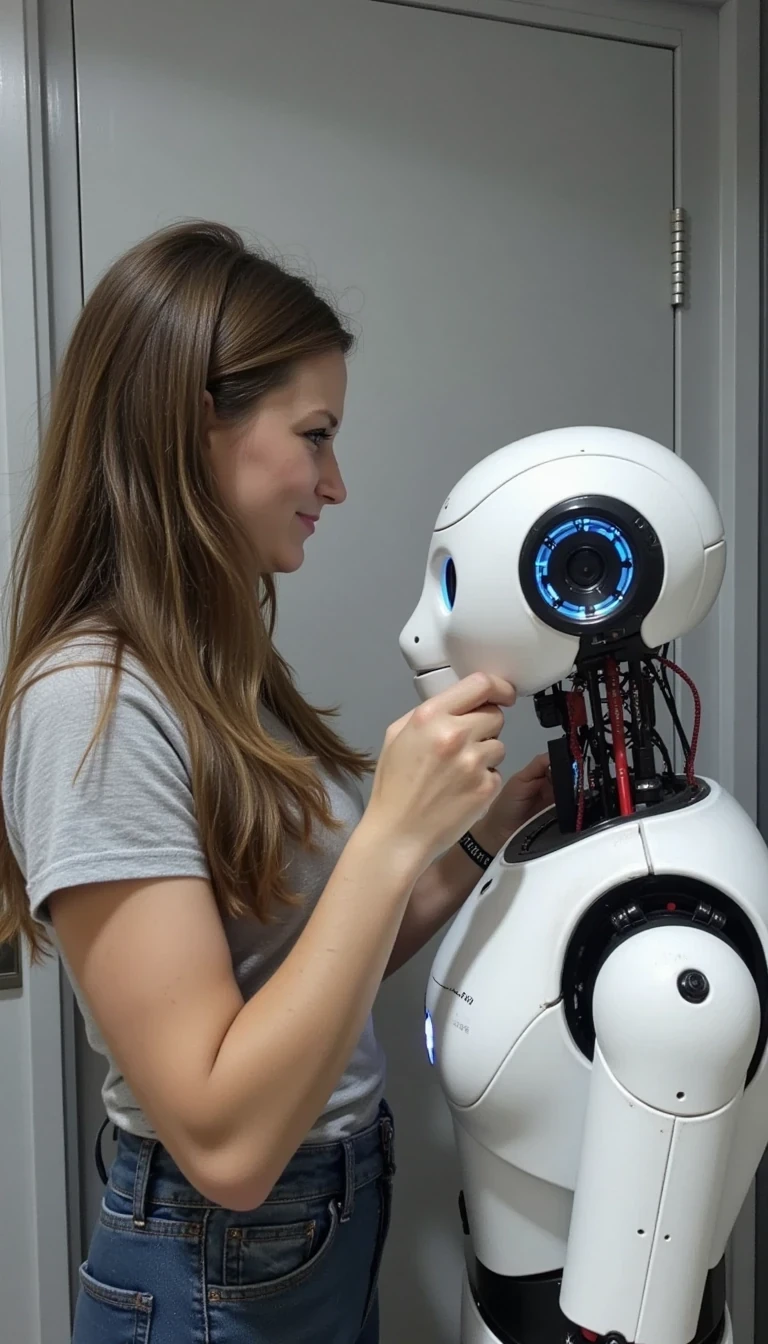 photo of woman CSTMDL next to ai robot