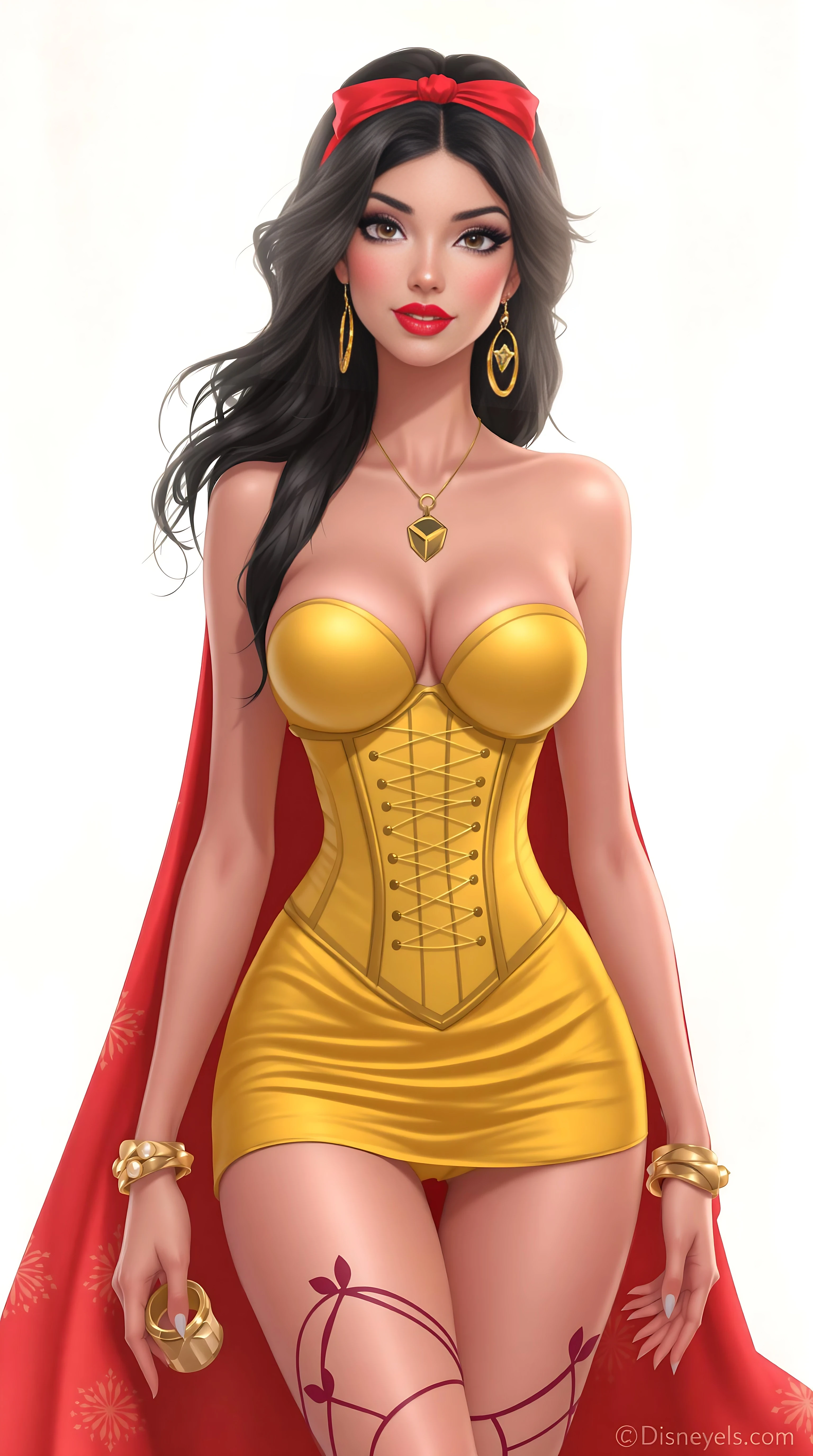 Digital ai art illustration, A modern Disney princess snow white, shes wearing a skin-tight strapless backless corset inspired-style top and a skin-tight short micro tube short skirt, gold armlet, cute bracelet, flat stomach, full ultra-glossy lips, super thin outfit fabric, disney princess snow white was spotted leaving a nightclub tonight, her heels with ankle straps giving her a sluty walk, name necklace, snow white is a baddie and she proved it a bit to much tonight, 