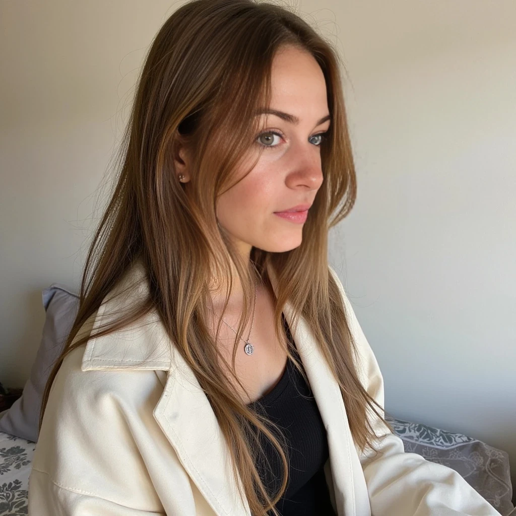 boring low quality snapchat photo full size, cute woman, soft light brown hair, full outfit