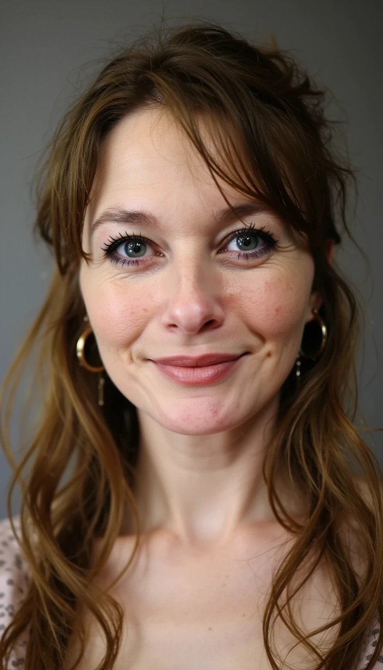 “Photorealistic portrait of a young woman with an oval face, fair clear skin, almond-shaped blue eyes, dark arched eyebrows, straight nose, and natural medium lips with a subtle smile. She has long, straight medium brown hair parted slightly to the side and stretched earlobes with small black plugs. Highly detailed skin texture, soft natural lighting, sharp focus, realistic depth of field.”